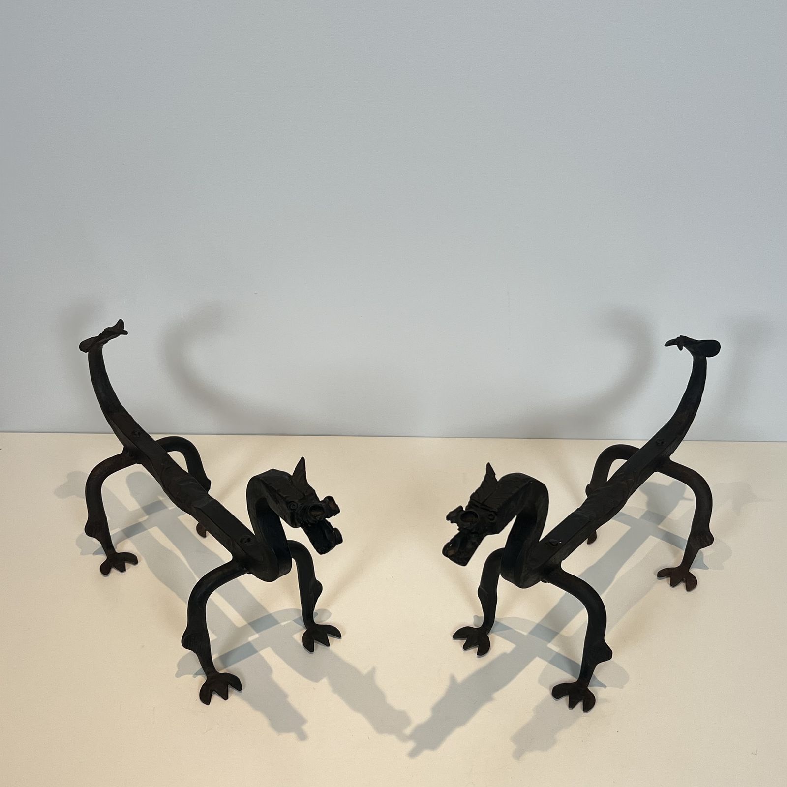 Pair Of Wrought Iron Dragon Andirons photo furniture