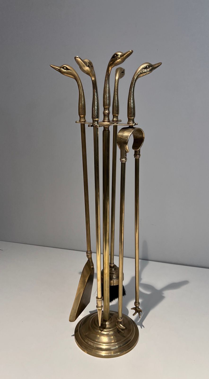 Brass Fire Set With Duck Heads In The Style Of Maison Jansen