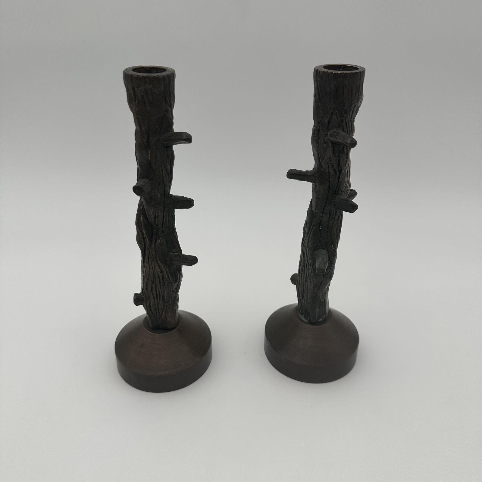 Pair Of Bronze Candlesticks Imitating Wood, Circa 1970