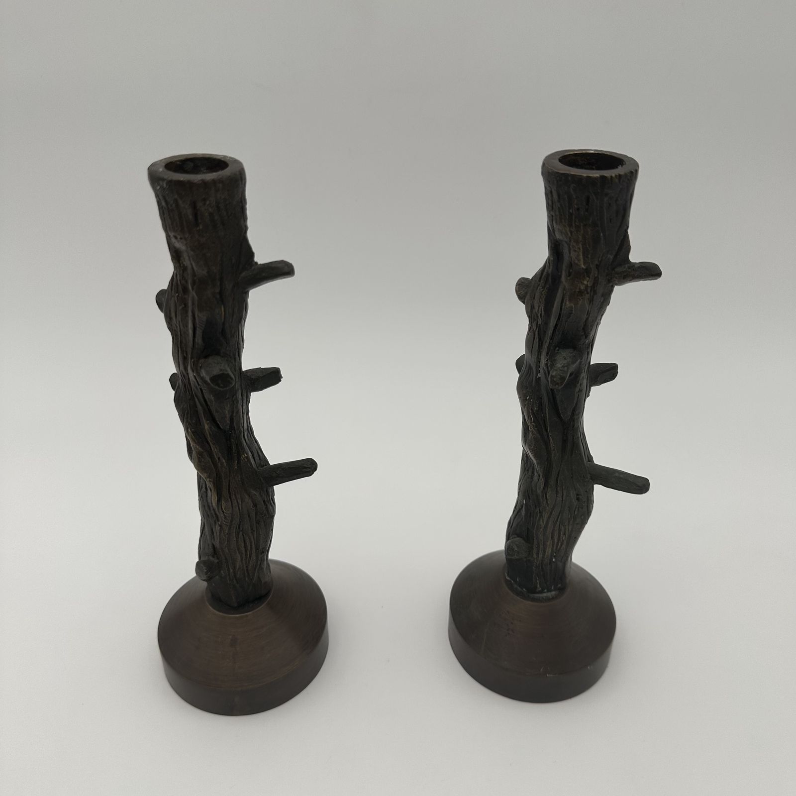 Pair Of Bronze Candlesticks Imitating Wood, Circa 1970 photo vinterior