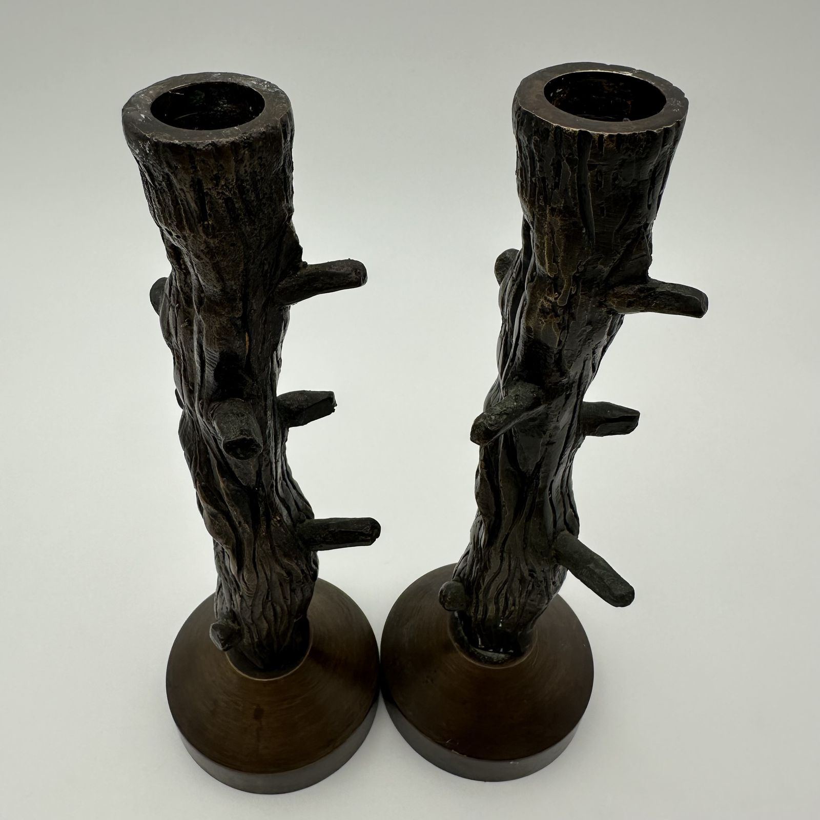 Pair Of Bronze Candlesticks Imitating Wood, Circa 1970 photo buy