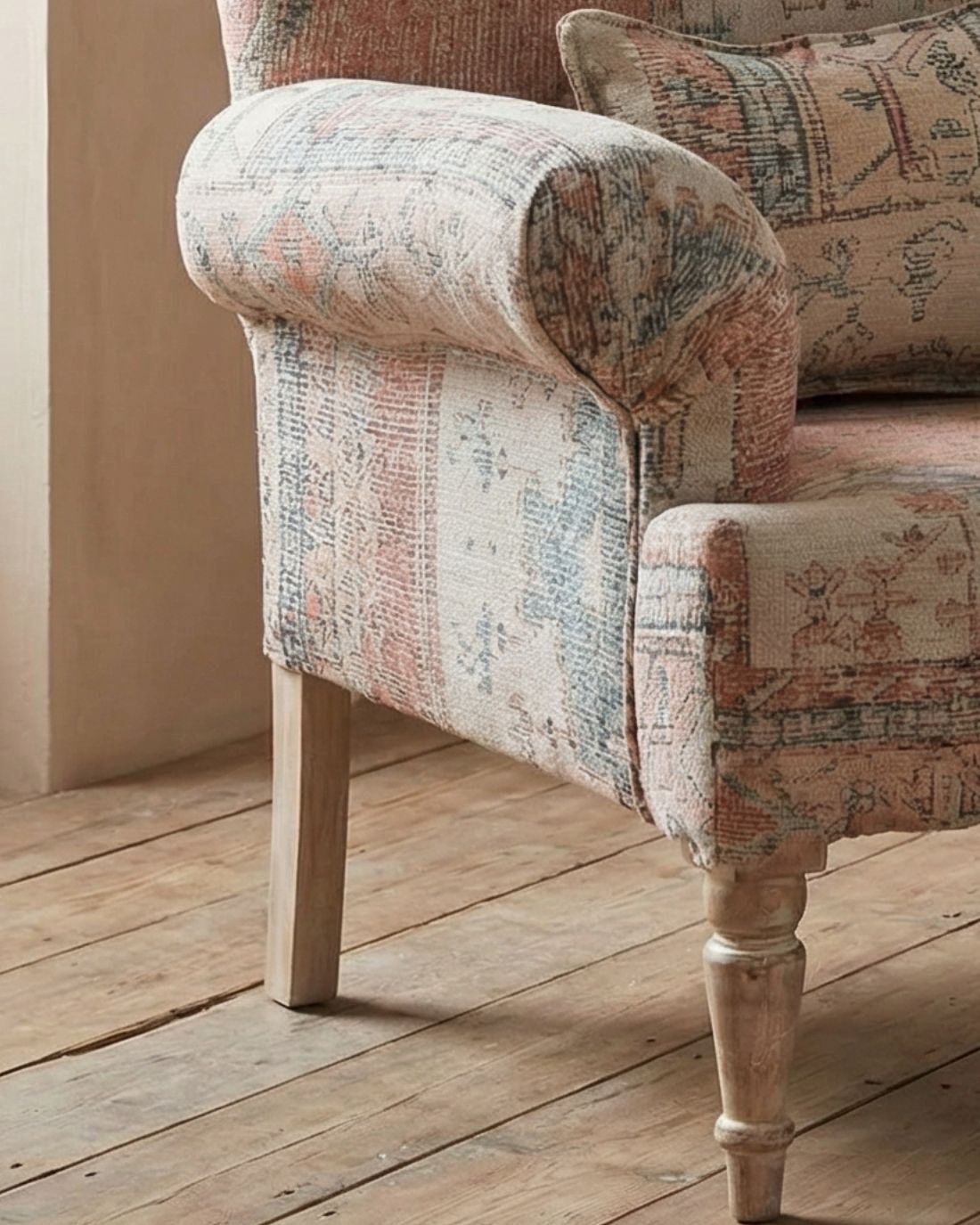 Hand Woven Upholstered Club Armchair – Scroll Arms With Mango Wood Legs photo furniture