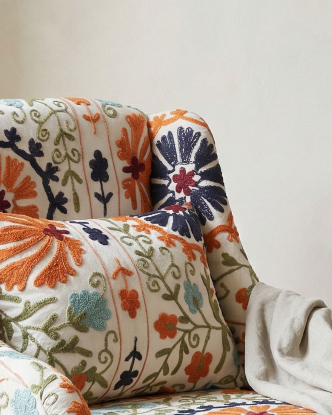 Hand Embroidered Kantha Club Armchair – Floral Upholstery With Mango Wood Legs photo for sale
