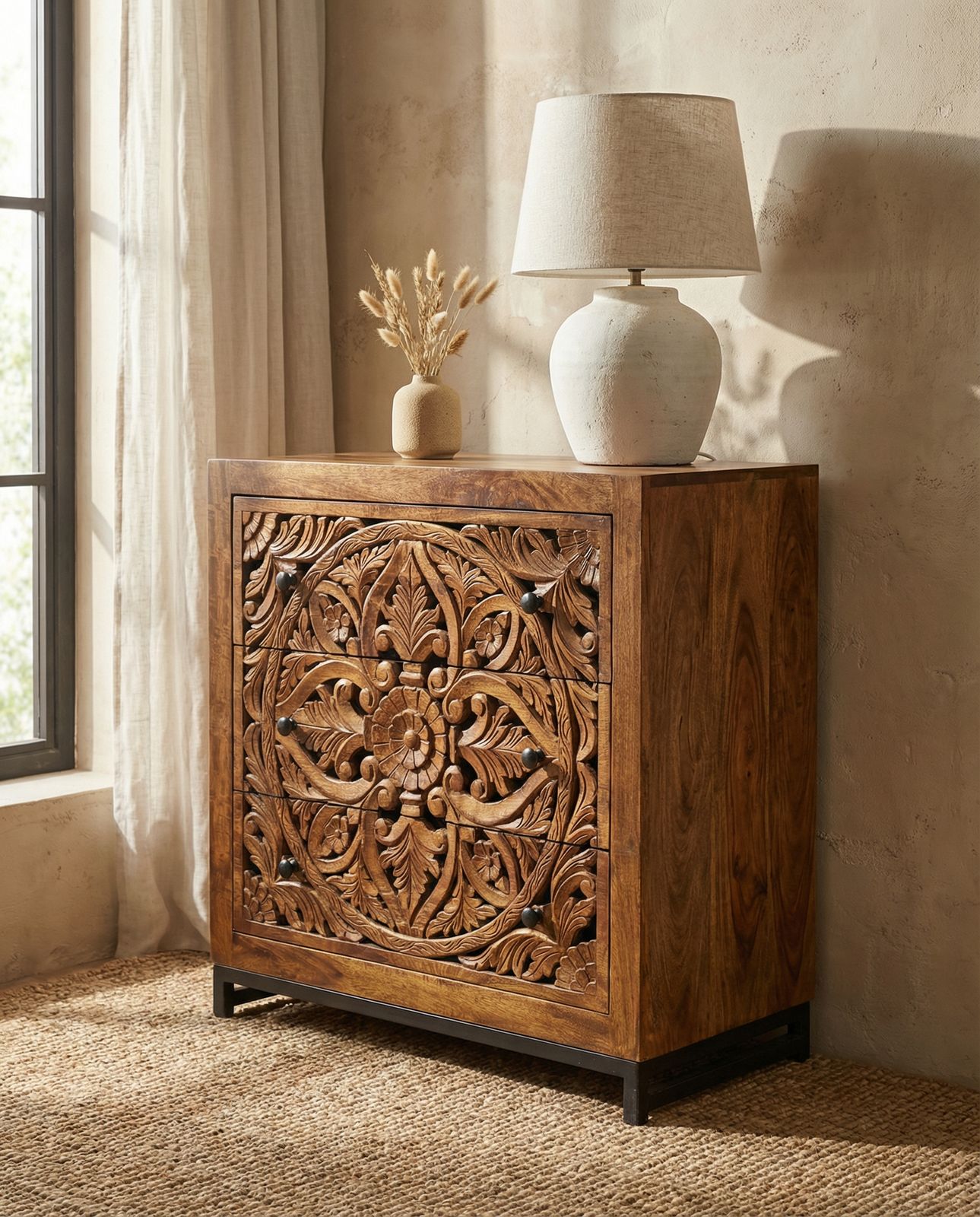 Hand Carved Mango Wood 3 Drawer Chest – Floral Openwork Design photo furniture