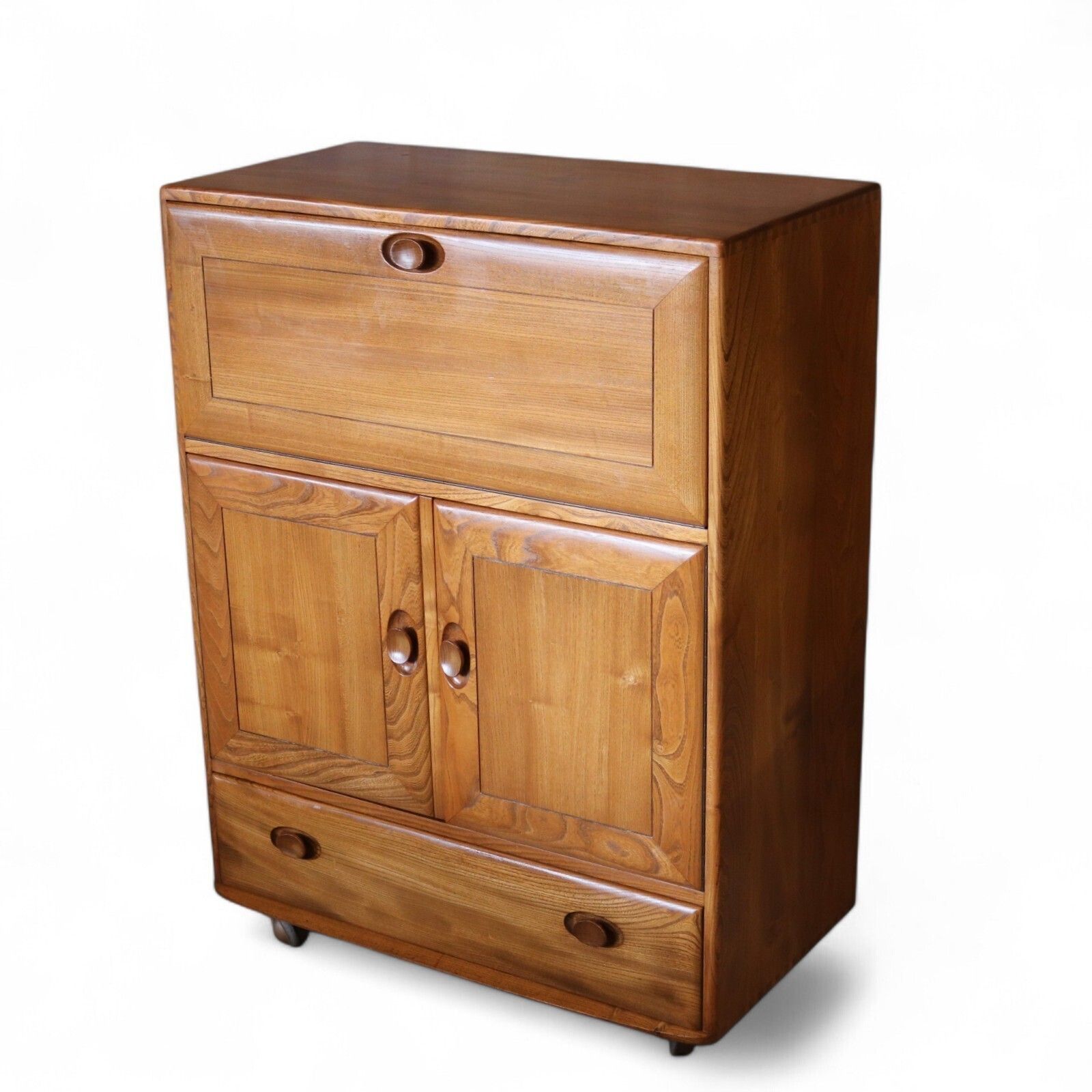 Vintage Ercol 469 Mid Century Blonde Elm Serving Drinks Cabinet / Writing Bureau photo vintage
