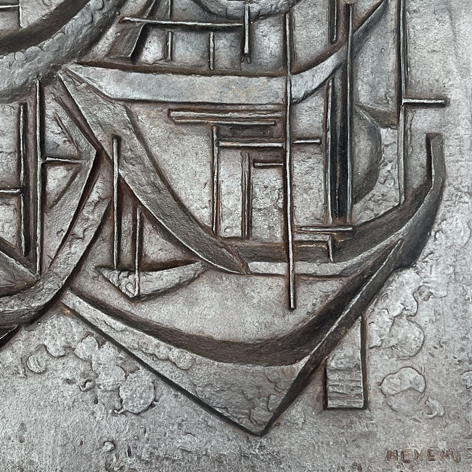 Home Fixtures Modernist Cast Iron Fireback "The Sailboats" Signed photo