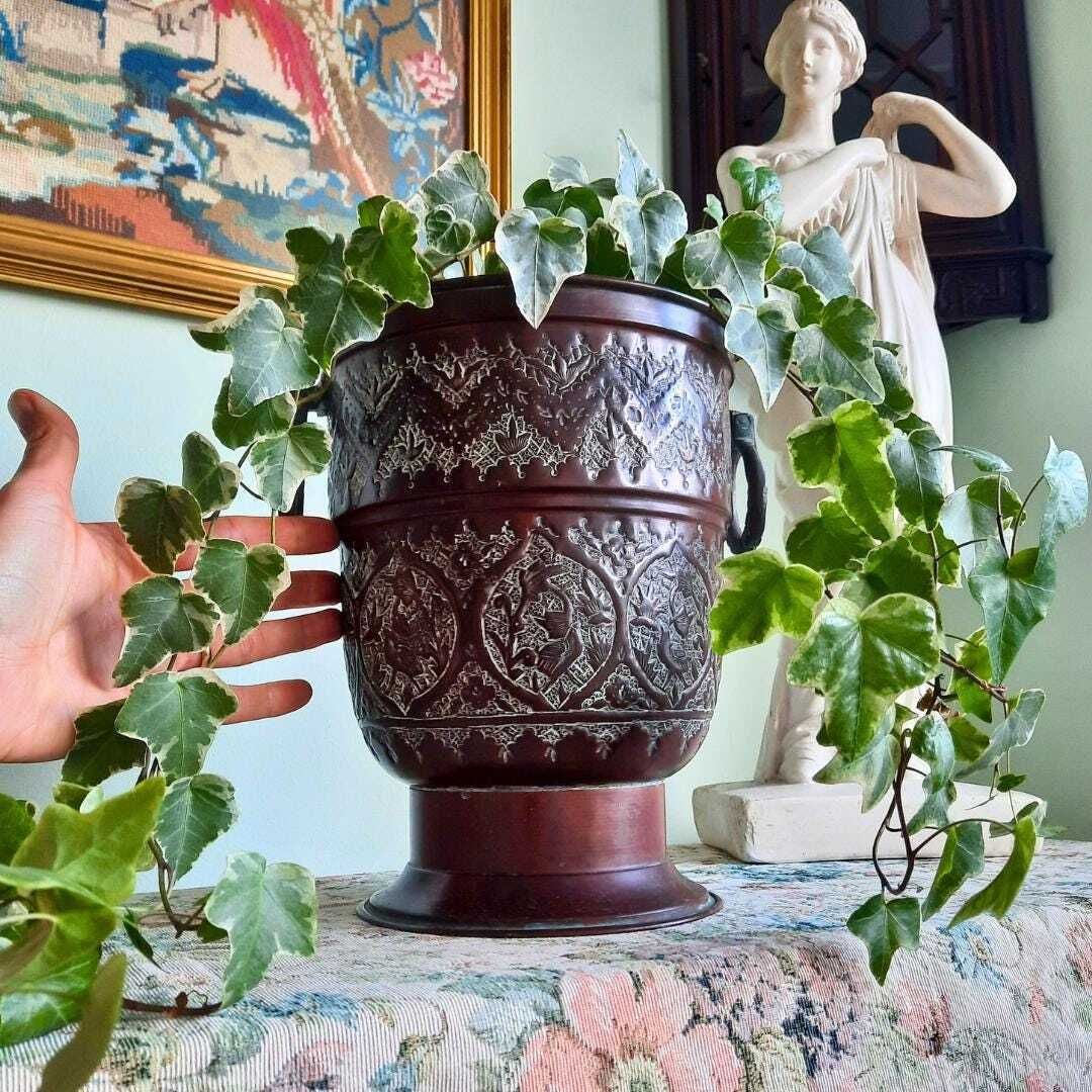 Large Antique Middle Eastern Indian Copper Cauldron Jardiniere With Insert H 10.2''