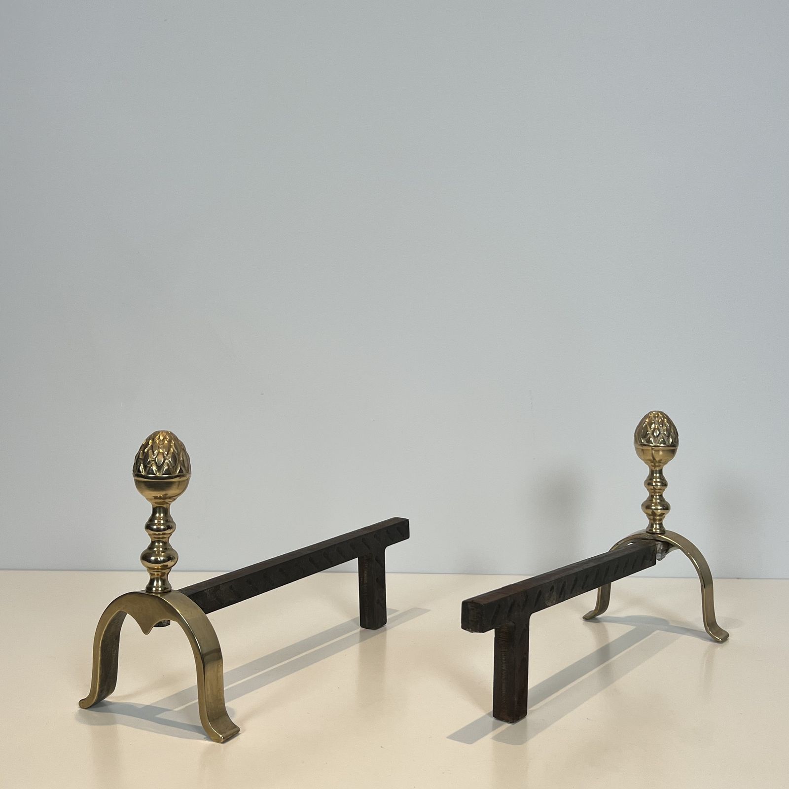 Pair Of Neoclassical Style Brass Andirons With Pine Cones photo vinterior