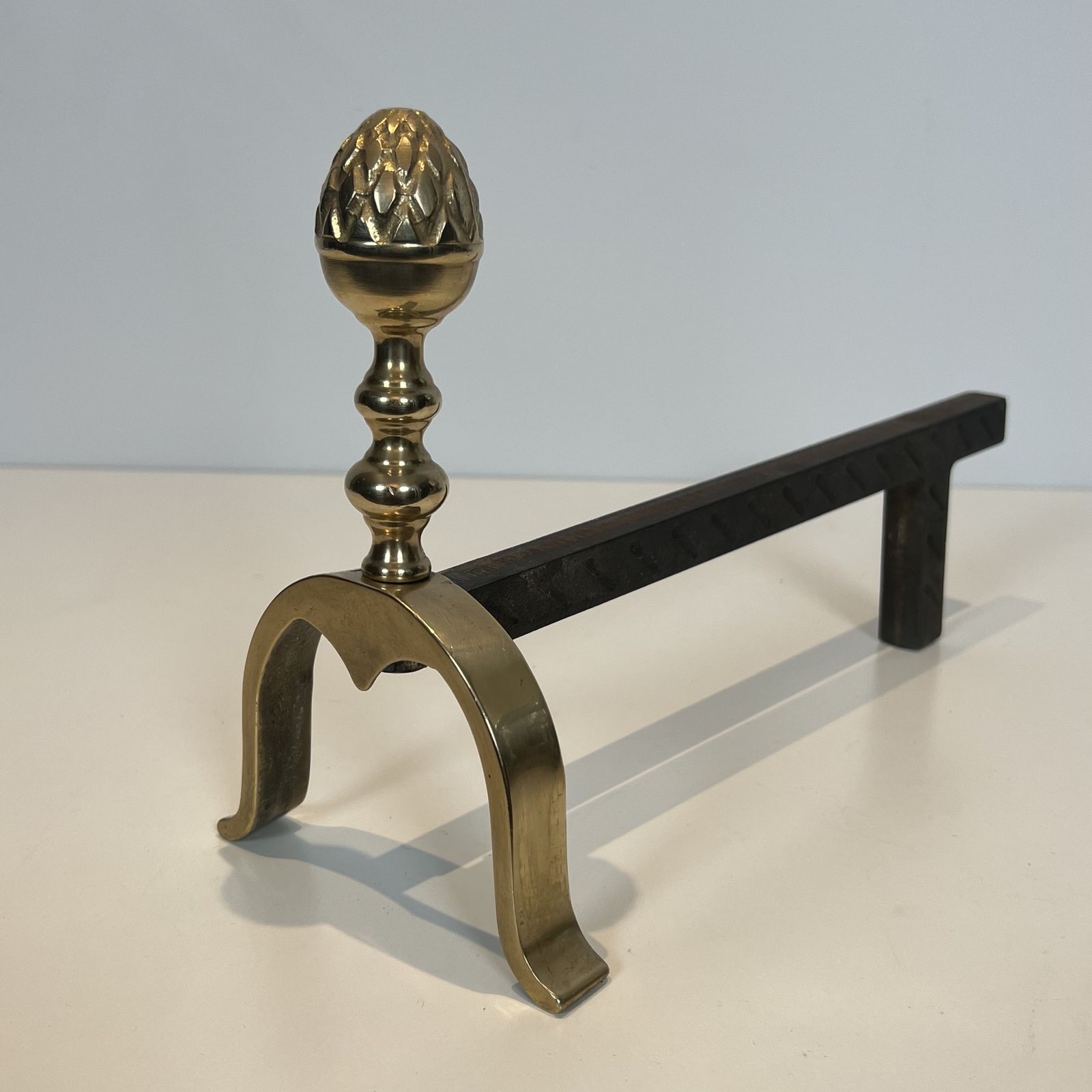 Pair Of Neoclassical Style Brass Andirons With Pine Cones photo buy
