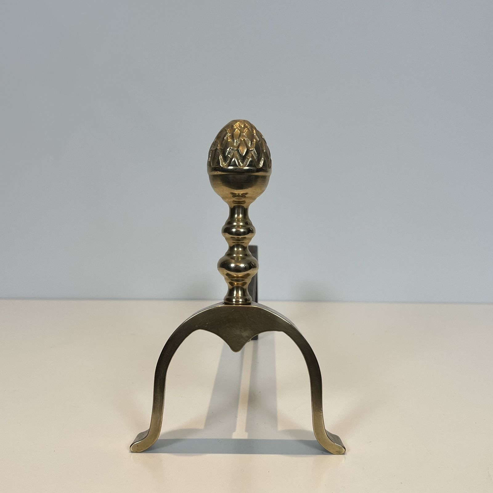 Pair Of Neoclassical Style Brass Andirons With Pine Cones photo vintage