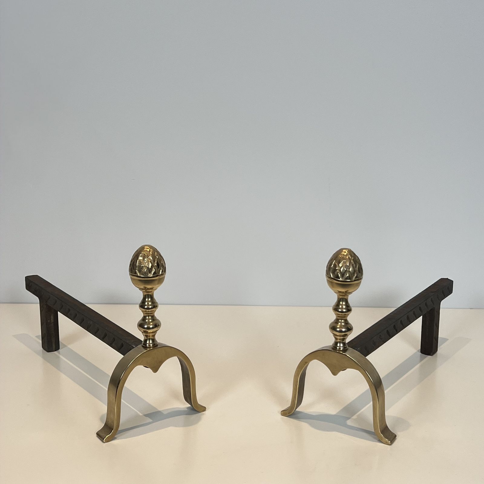 1250.0 Pair Of Neoclassical Style Brass Andirons With Pine Cones photo