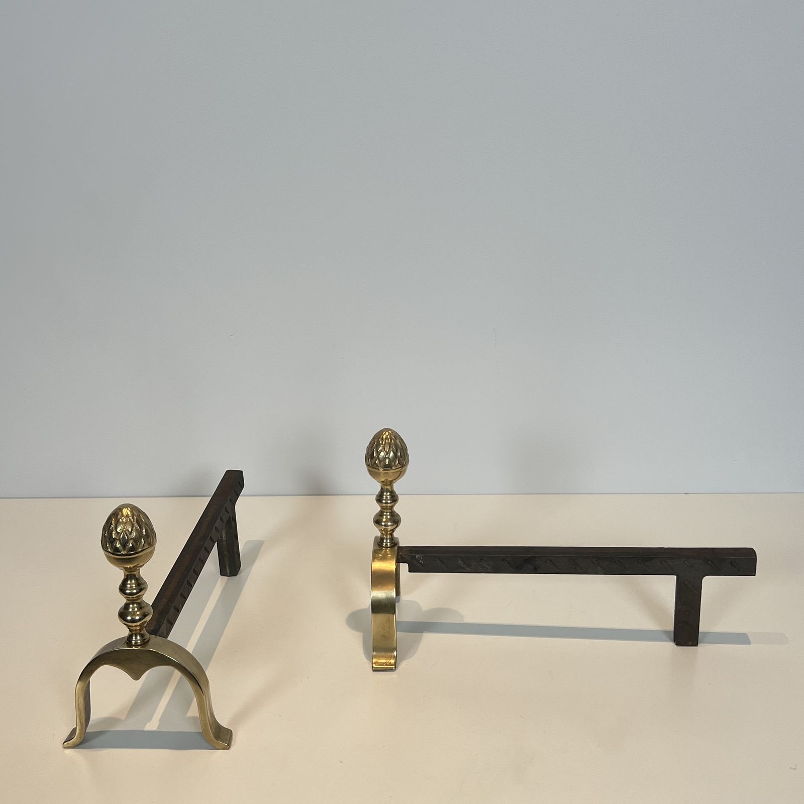photo vinterior Pair Of Neoclassical Style Brass Andirons With Pine Cones