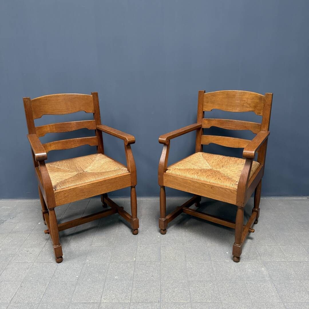 Set Van Twee Nederlandse Eikenhouten Fauteuils Met Vaste Zitkussens photo furniture