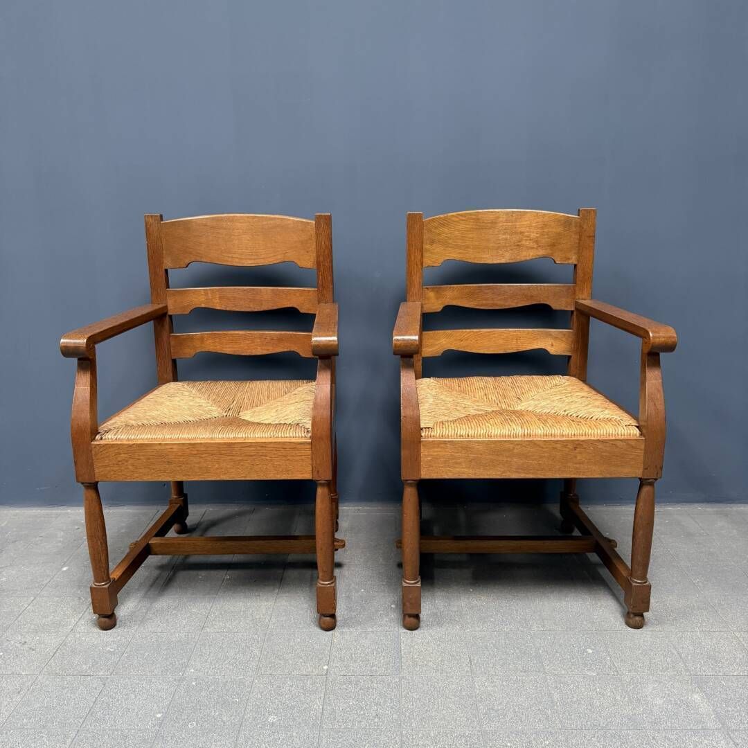 Set Of Two Dutch Oak Armchairs With Sewn In Seat Cushions photo Furniture