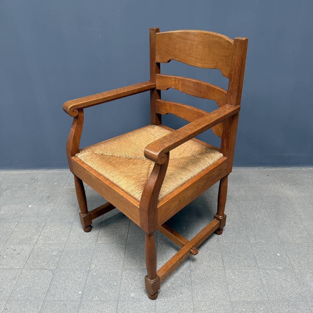 photo for sale Set Of Two Dutch Oak Armchairs With Sewn In Seat Cushions