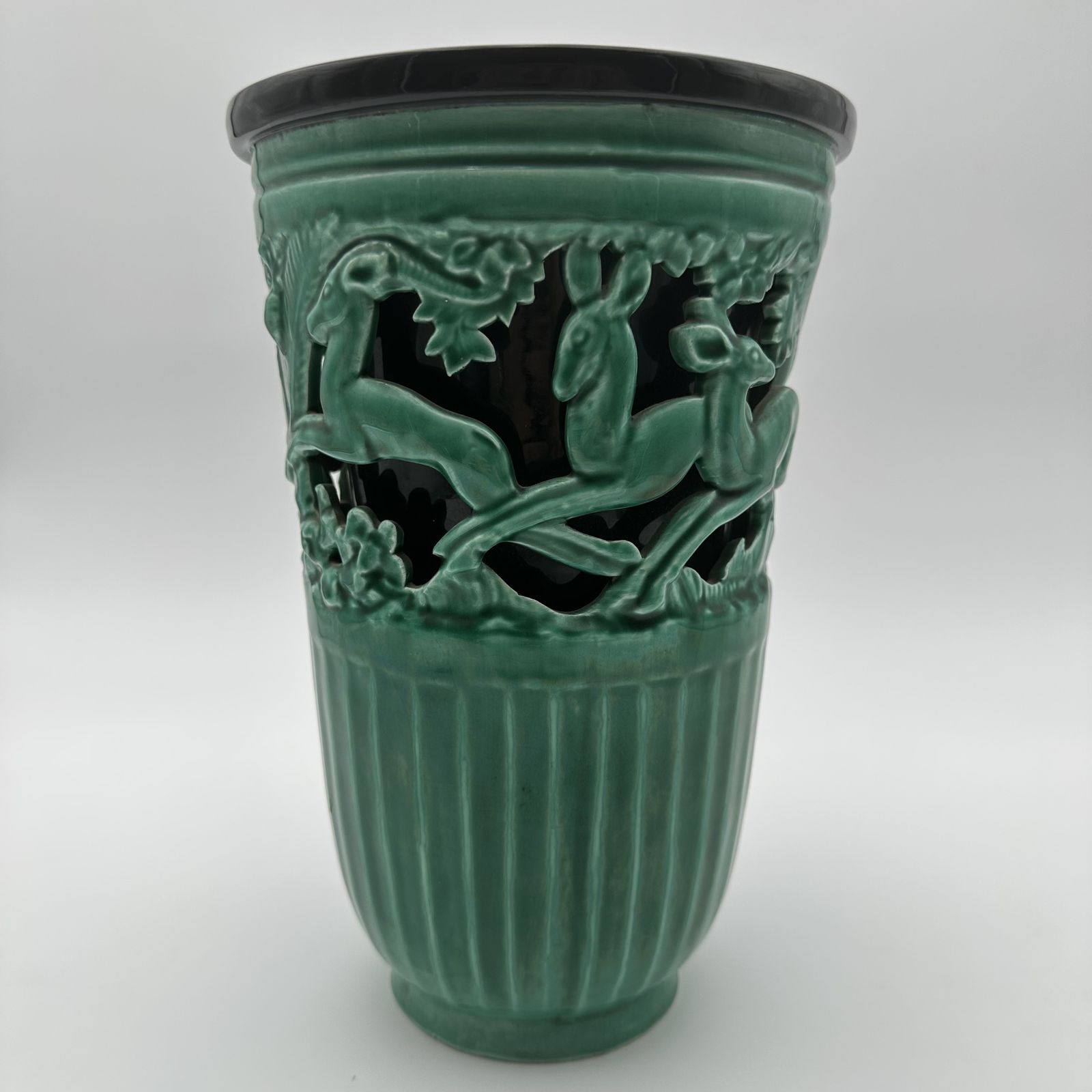 Green Ceramic Vase Decorated With Deer – Signed By Sainte Radegonde, Circa 1970 photo for sale