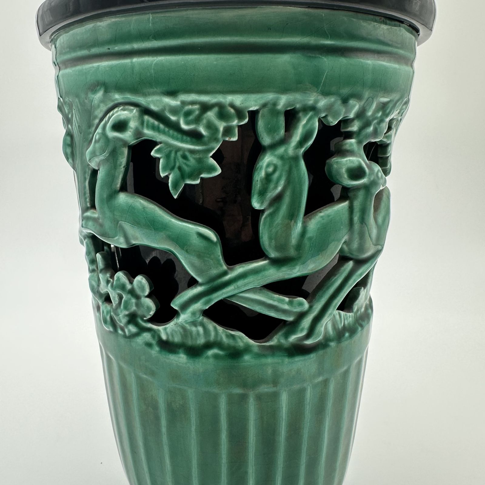 photo furniture Green Ceramic Vase Decorated With Deer – Signed By Sainte Radegonde, Circa 1970