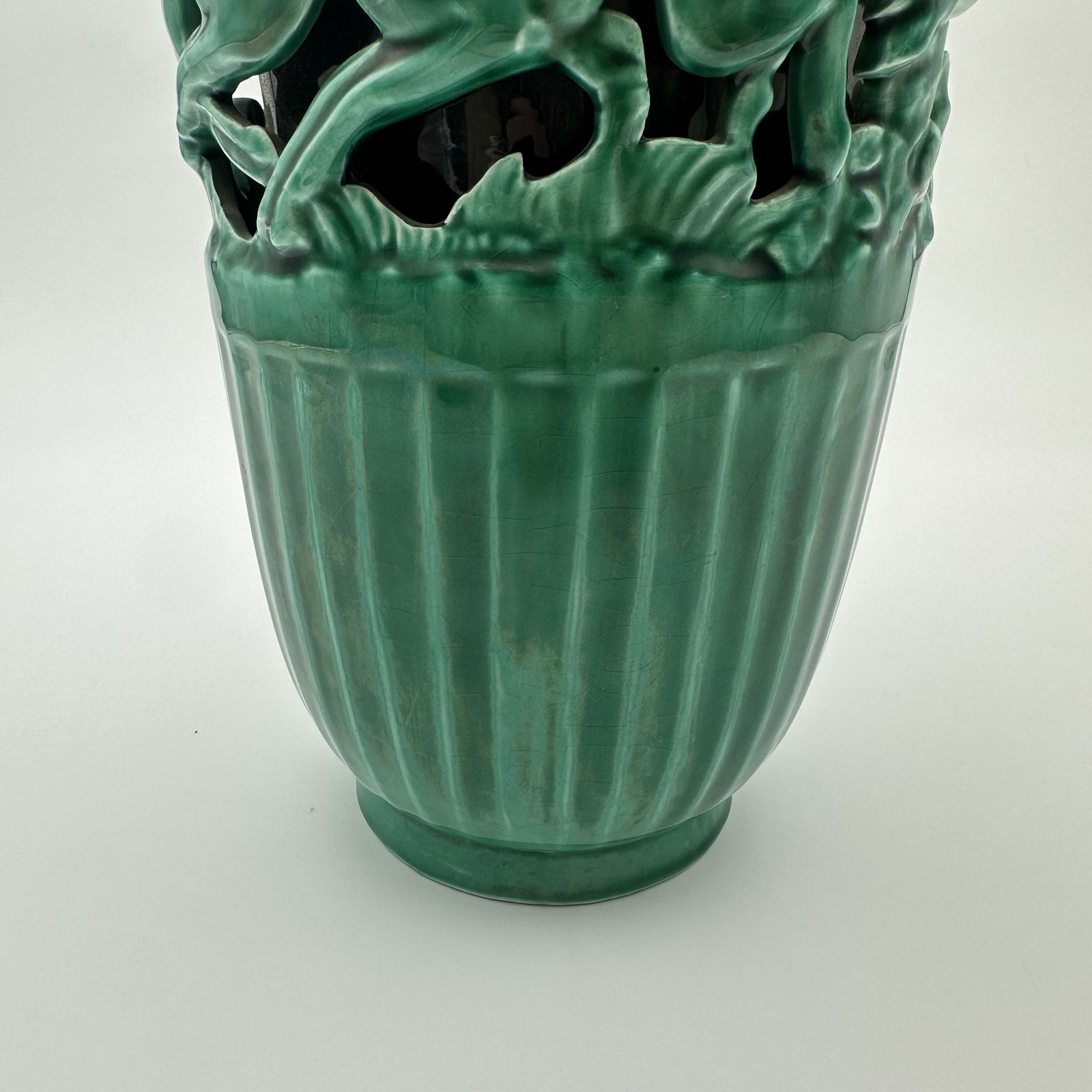 photo for sale Green Ceramic Vase Decorated With Deer – Signed By Sainte Radegonde, Circa 1970
