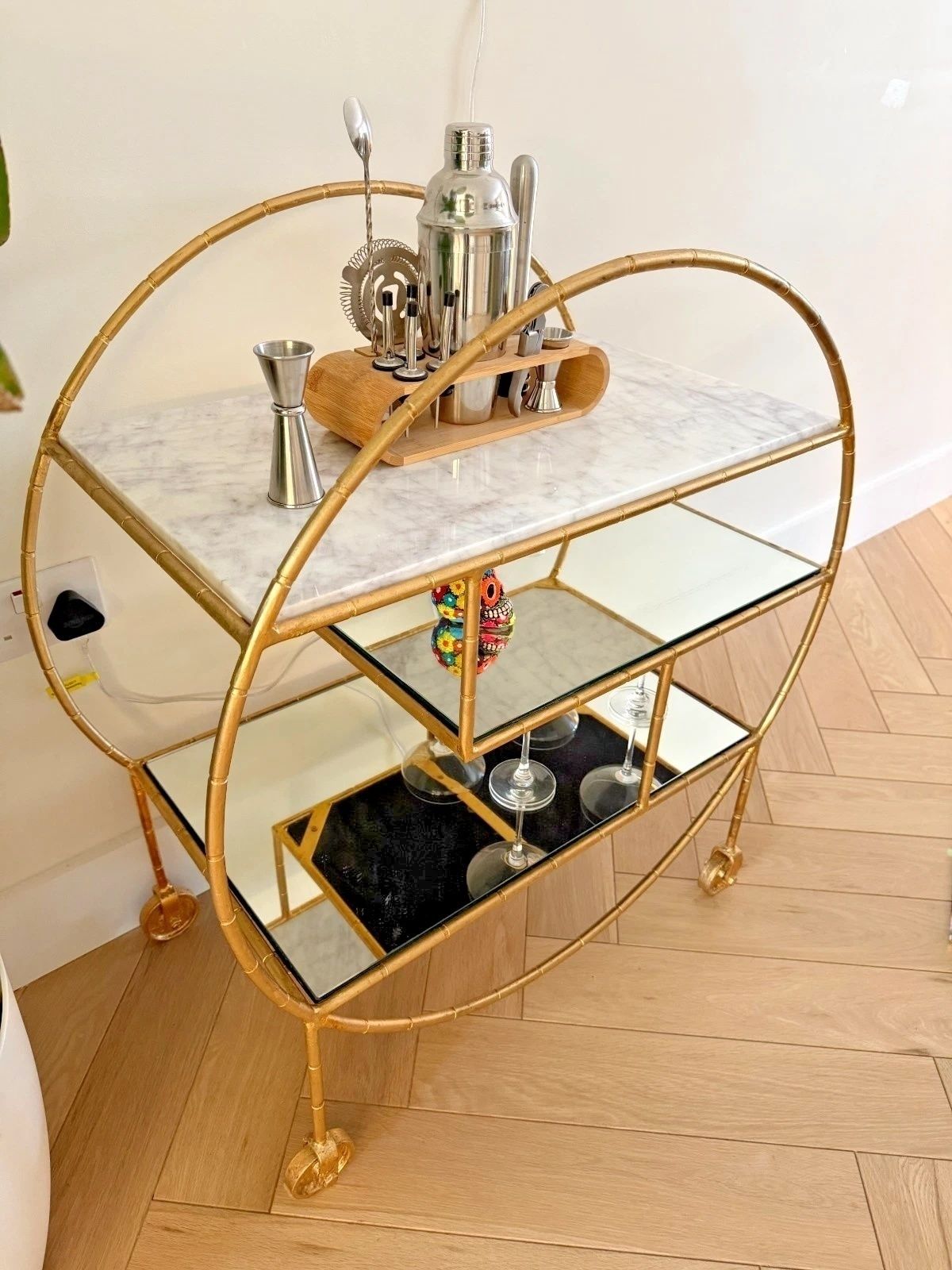 Oliver Bonas Luxe Round Bamboo Gold Drinks Trolley / Bar Cart photo for sale