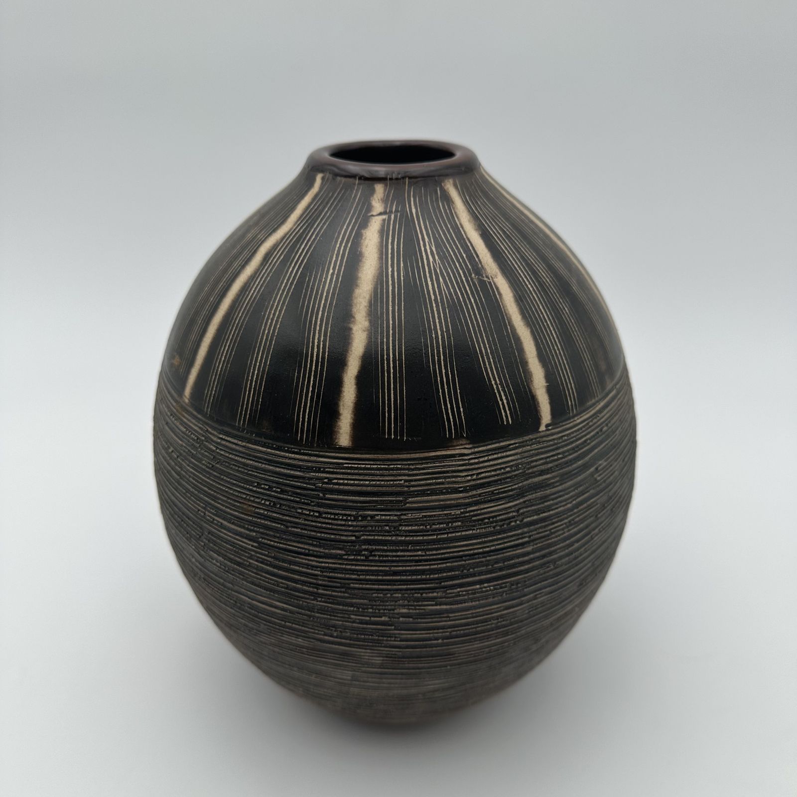 photo for sale Black And White Ceramic Vase With Monogram Decoration – In The Style Of Jean Besnard, Circa 1950