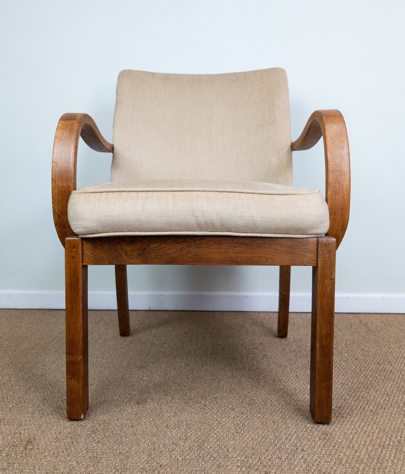 Vintage Mid Century Parker Knoll Cream Upholstered Oak Framed Bentwood Armchair photo for sale
