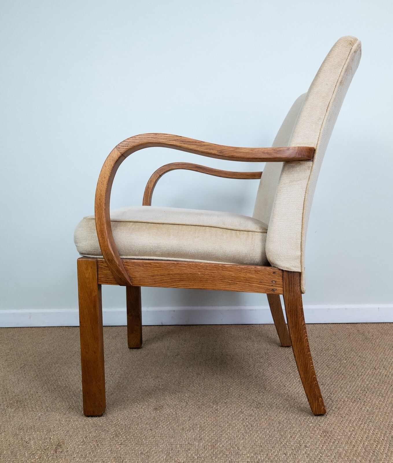 Vintage Mid Century Parker Knoll Cream Upholstered Oak Framed Bentwood Armchair photo vinterior