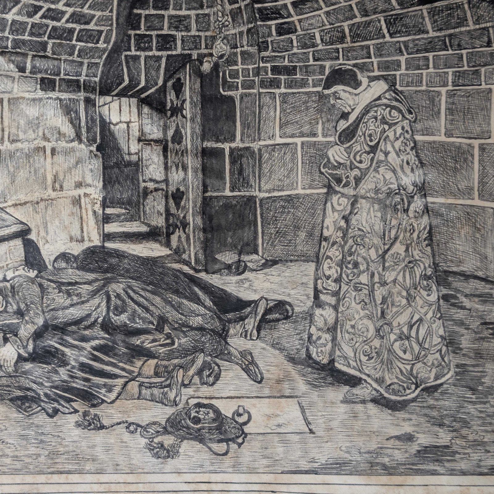 Ink Drawing Pope Urban VI Dungeon Scene, 1884 French Antique Art, L Ferrand After Jean Paul Laurens, Historical Macabre Decor photo furniture