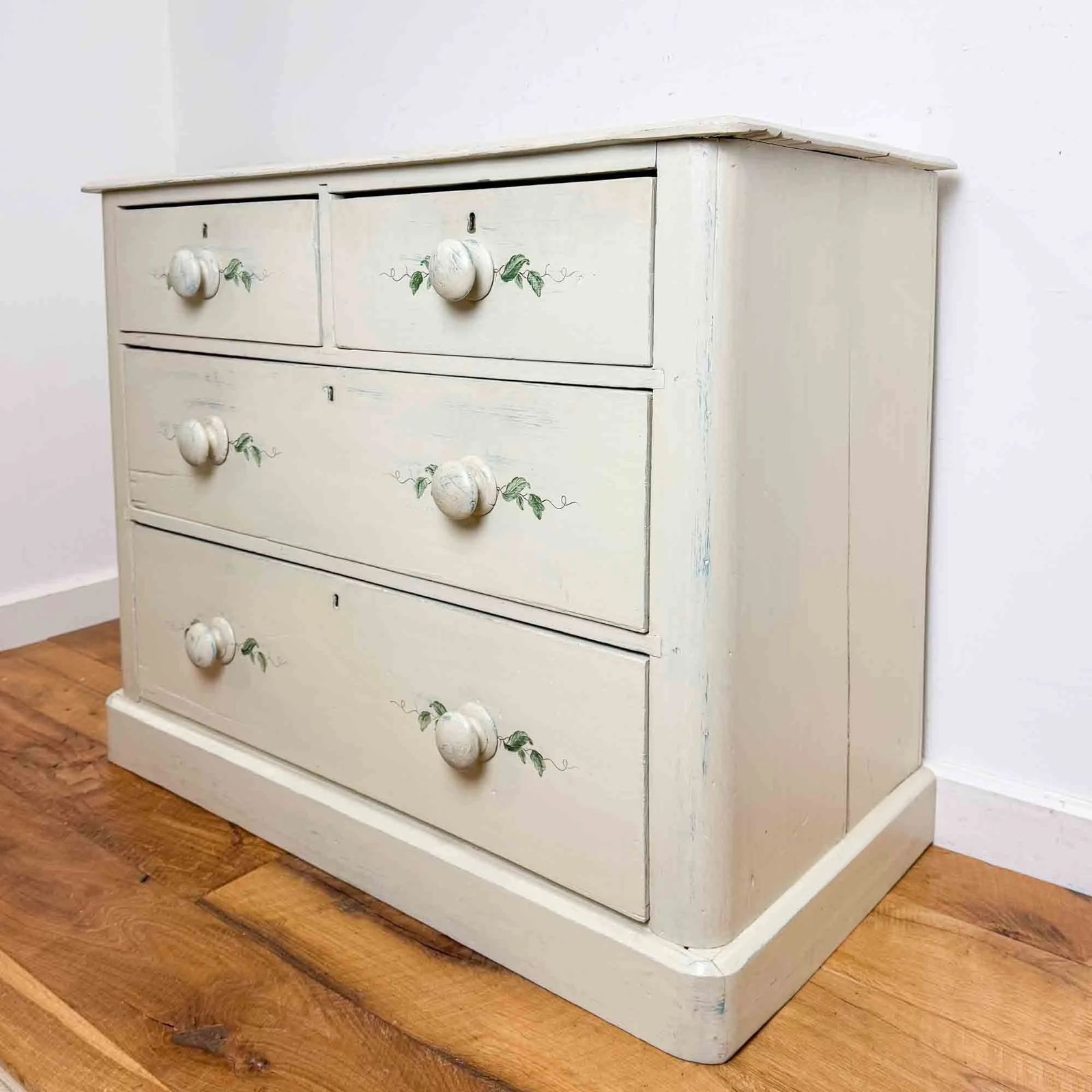 Painted Antique Pine Chest Of Drawers With Leaf Decoration photo vintage