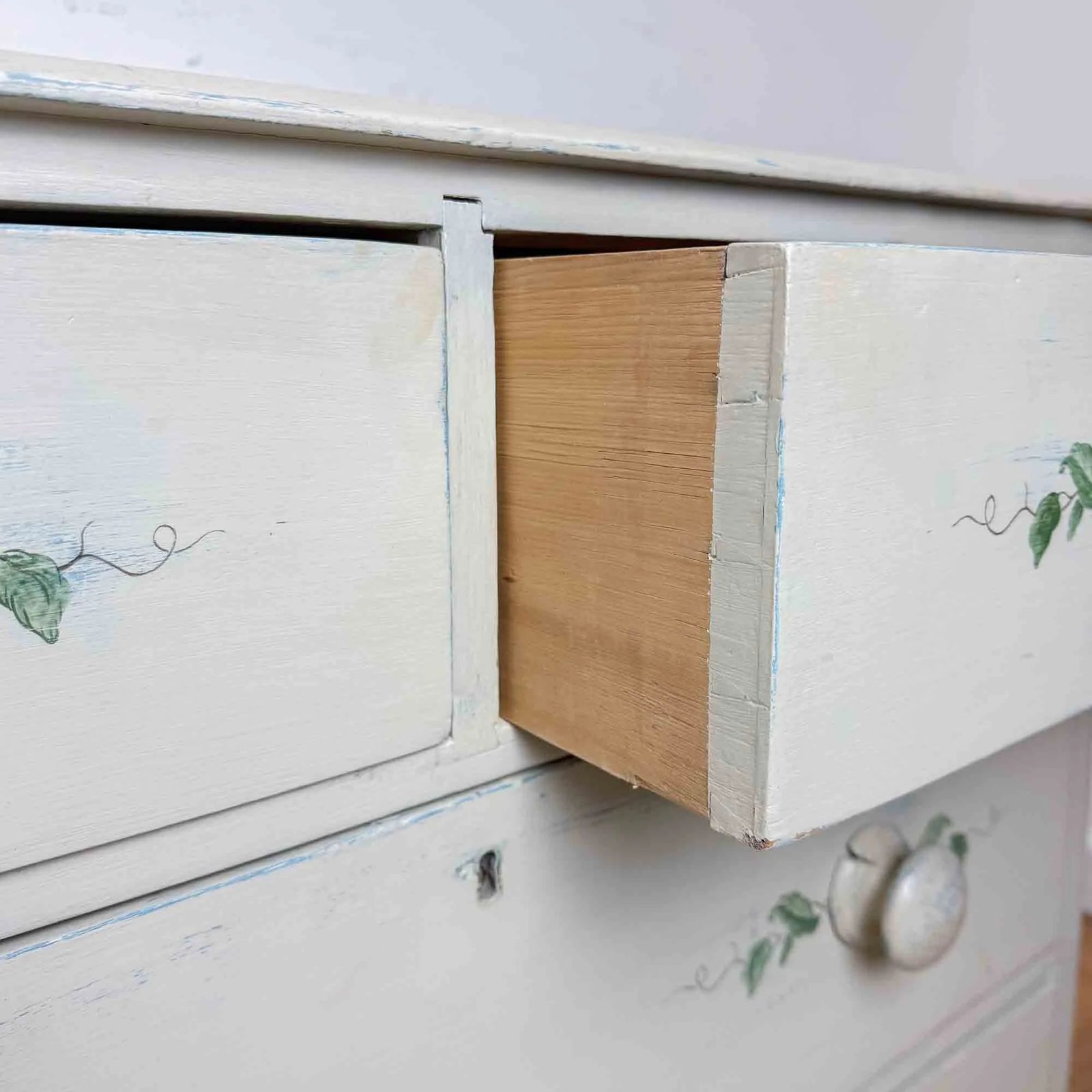 photo for sale Painted Antique Pine Chest Of Drawers With Leaf Decoration
