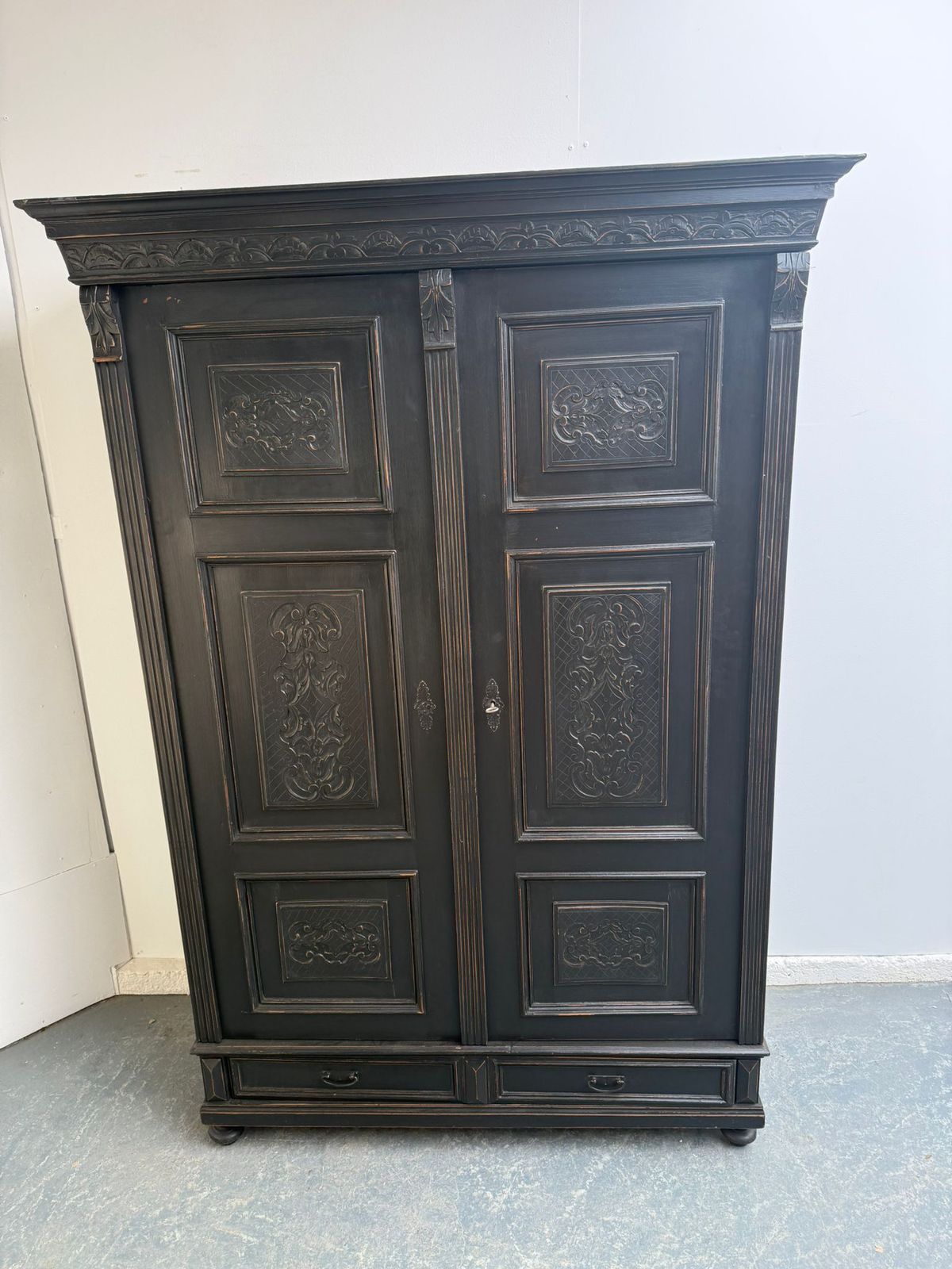 A Genuine Hungarian 1 Piece Painted Black Pine & Oak Hall Wardrobe photo Furniture