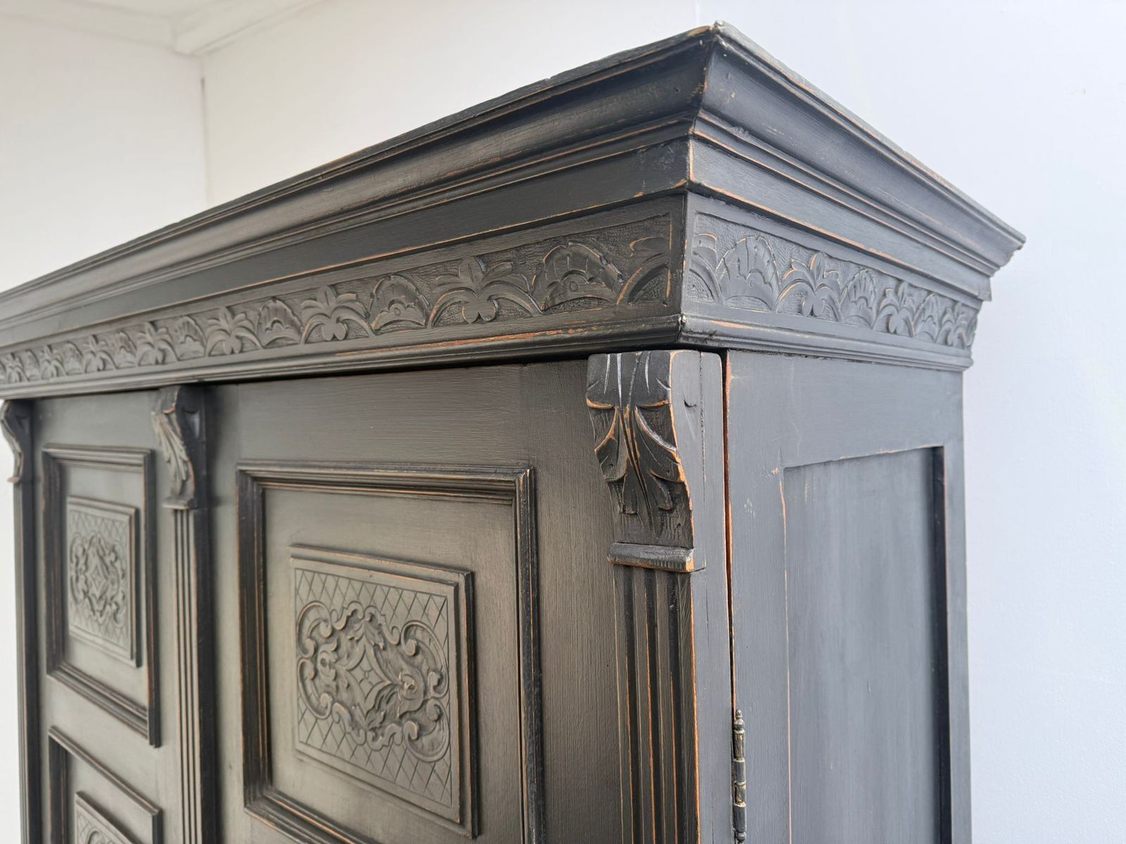 A Genuine Hungarian 1 Piece Painted Black Pine & Oak Hall Wardrobe photo vinterior