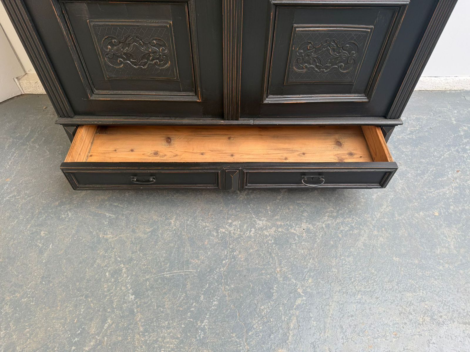 photo furniture A Genuine Hungarian 1 Piece Painted Black Pine & Oak Hall Wardrobe
