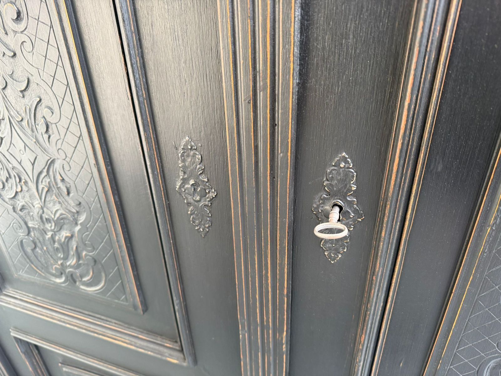 photo for sale A Genuine Hungarian 1 Piece Painted Black Pine & Oak Hall Wardrobe