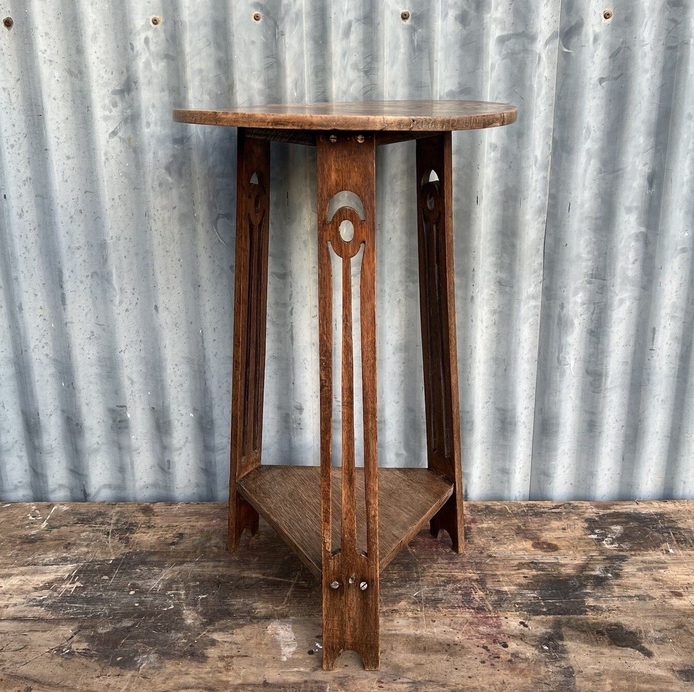 photo for sale Antique Arts And Crafts Liberty Style Oak 3 Legged Side Occasional Lamp Table