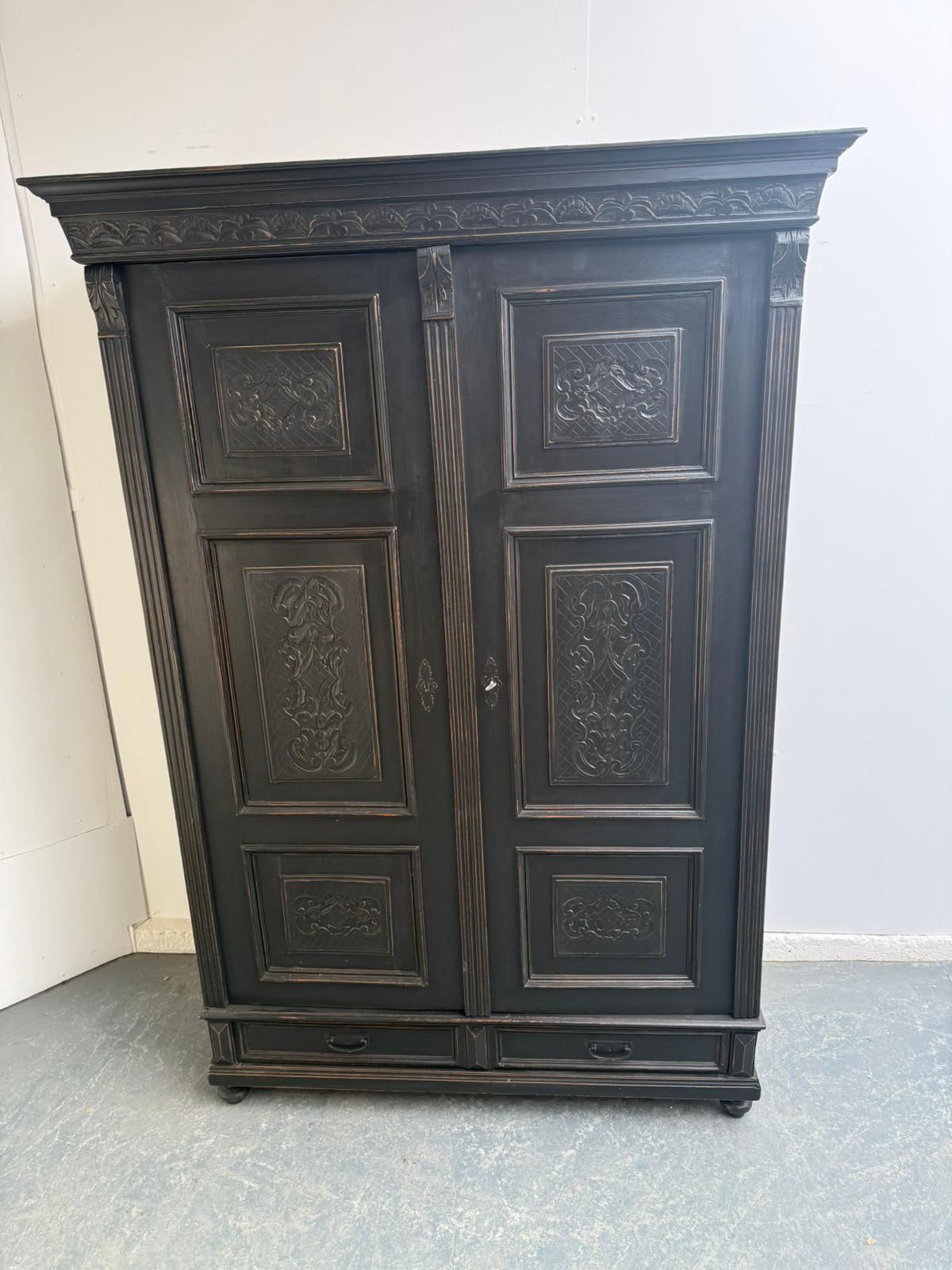 A Beautiful Hungarian 1 Piece Painted Black Pine & Oak Hall Wardrobe photo Furniture