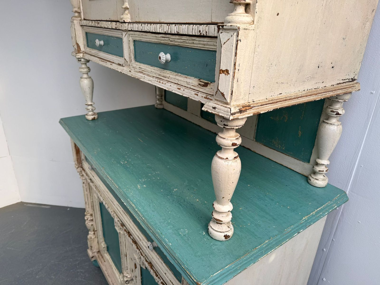 A Genuine Hungarian Original Painted Cream & Teal 2 Piece Victorian Dresser photo vinterior