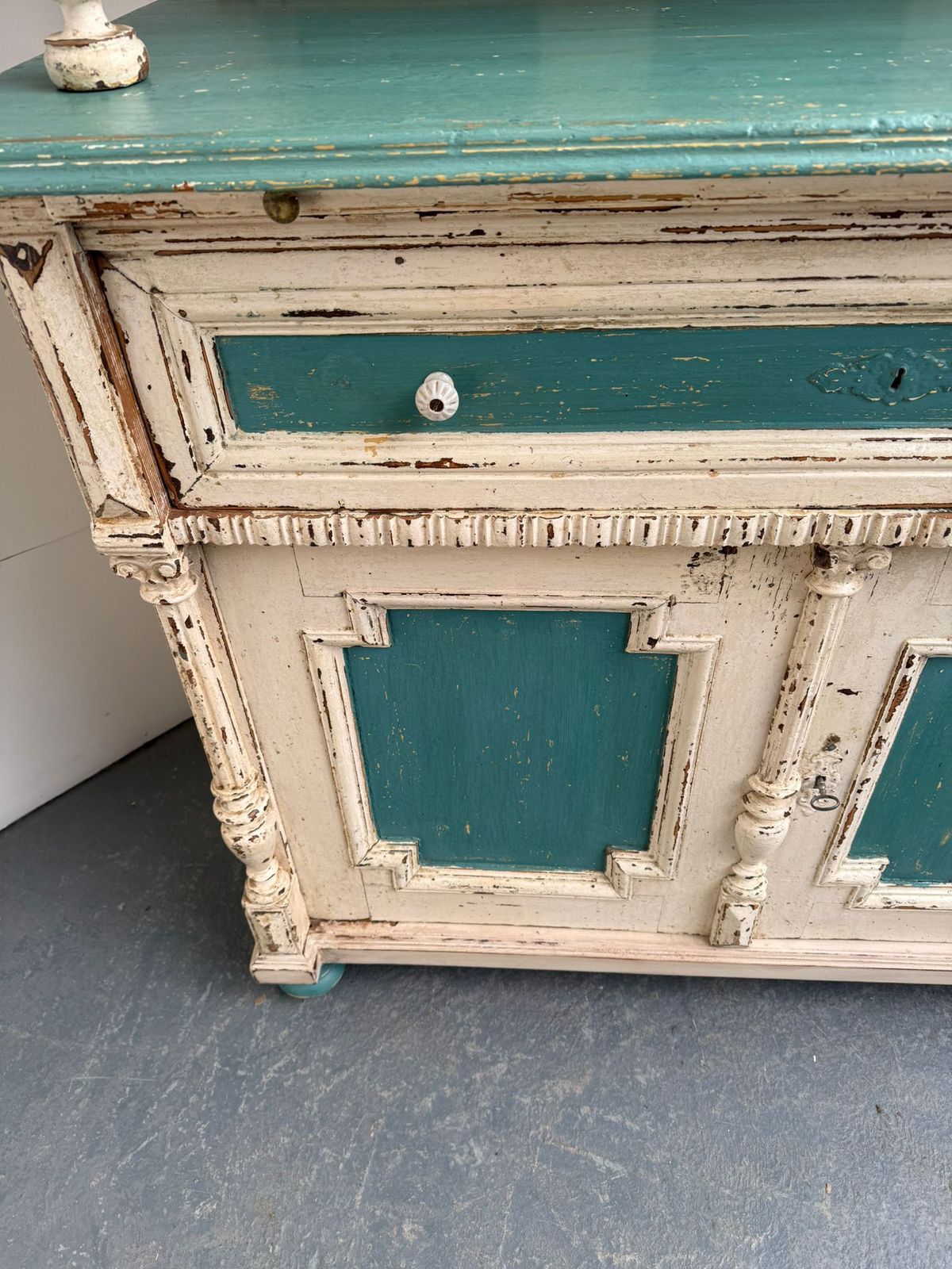 photo furniture A Genuine Hungarian Original Painted Cream & Teal 2 Piece Victorian Dresser