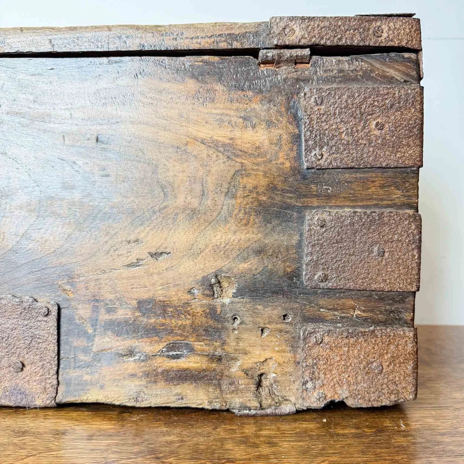 Antique Elm And Pine Iron Bound Strongbox photo vintage