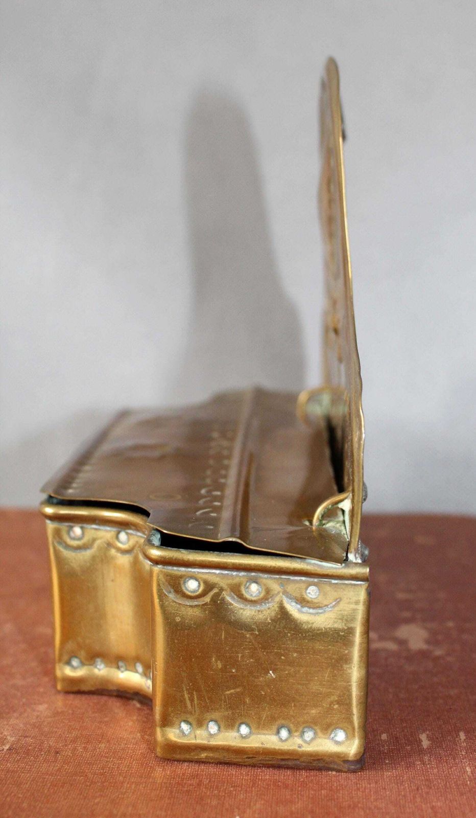 photo vinterior Antique Brass Candle Box, Brass Sheet Repousse Trinket Box, Wall Hanging Or Table Top, Embossed Heart And Flowers, Country Farmhouse