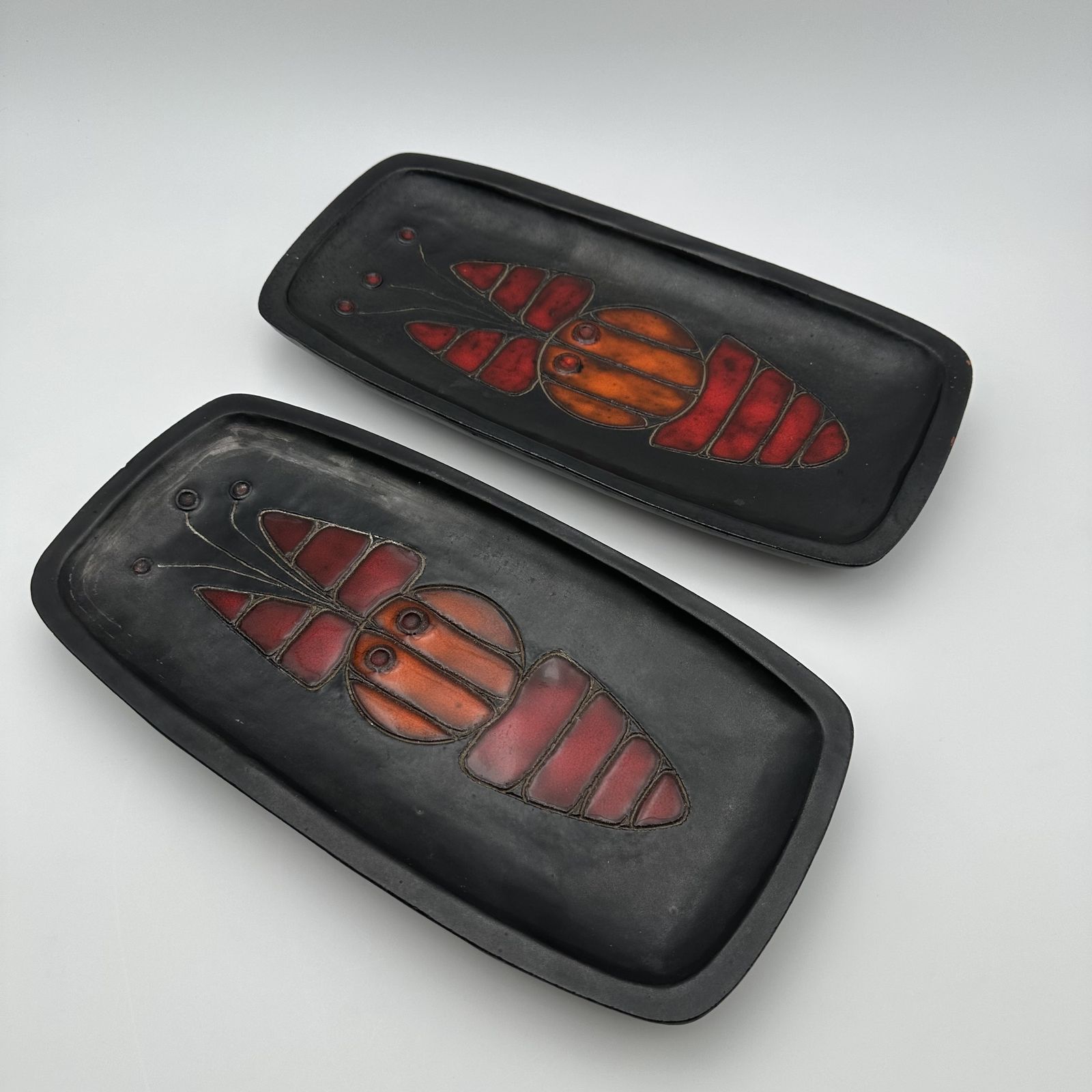 Pair Of Black Ceramic Dishes With Fish Decoration By Oswald Tieberghien Circa 1970