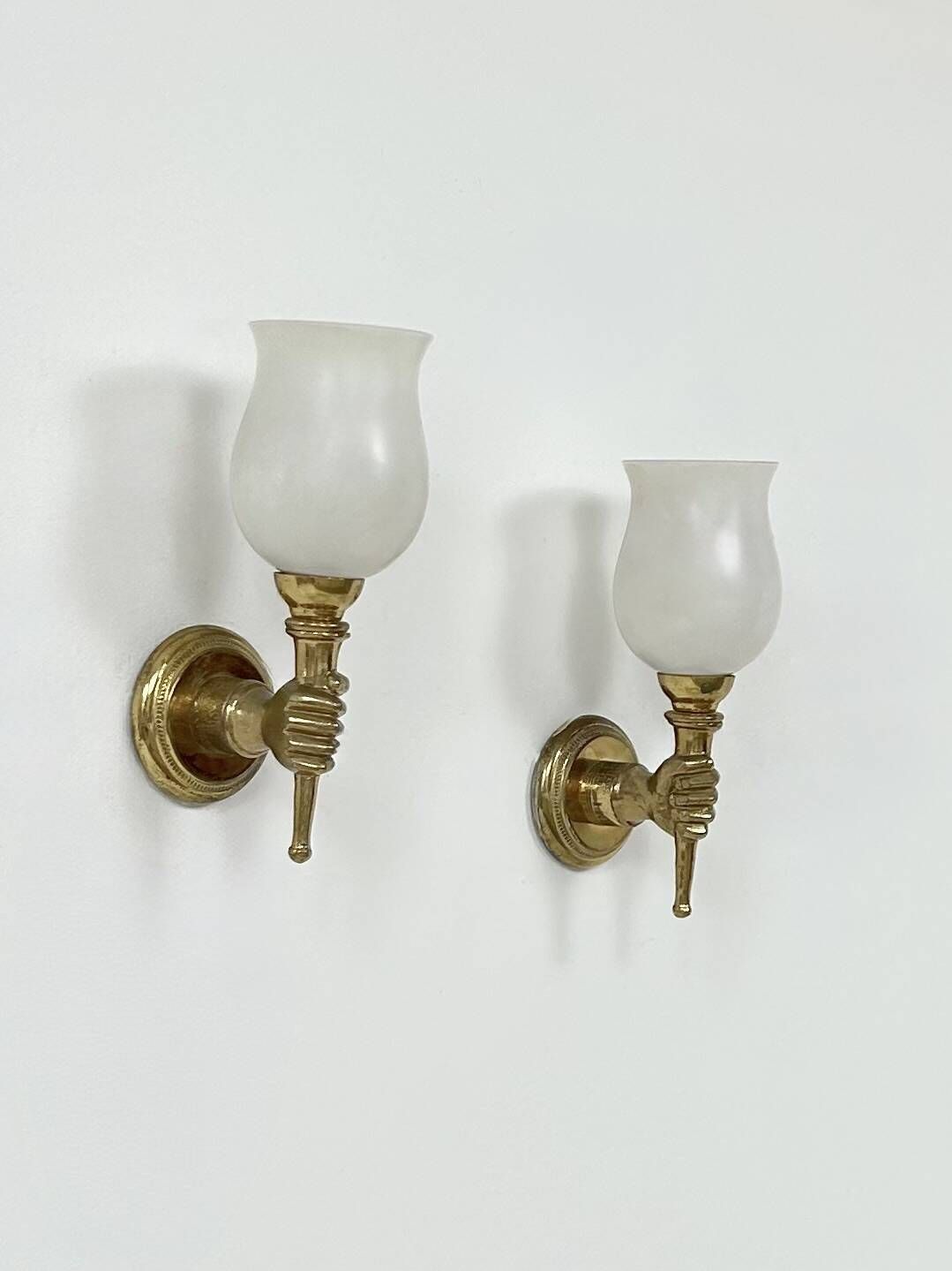 photo for sale Pair Of Vintage Wall Lights, Maison Jansen, Brass And Opaline, France, 1960.