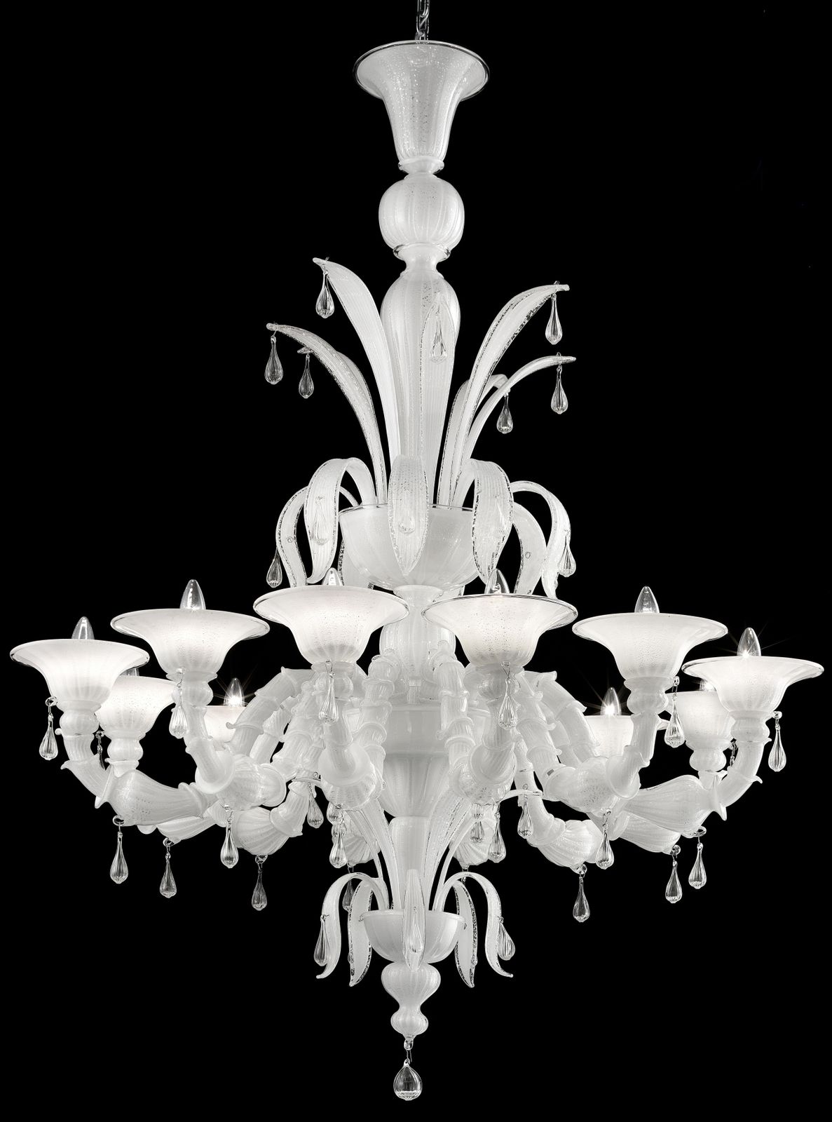 Venetian White “Ca’ Rezzonico” Murano Glass Chandelier With Transparent Little Drops. photo vinterior