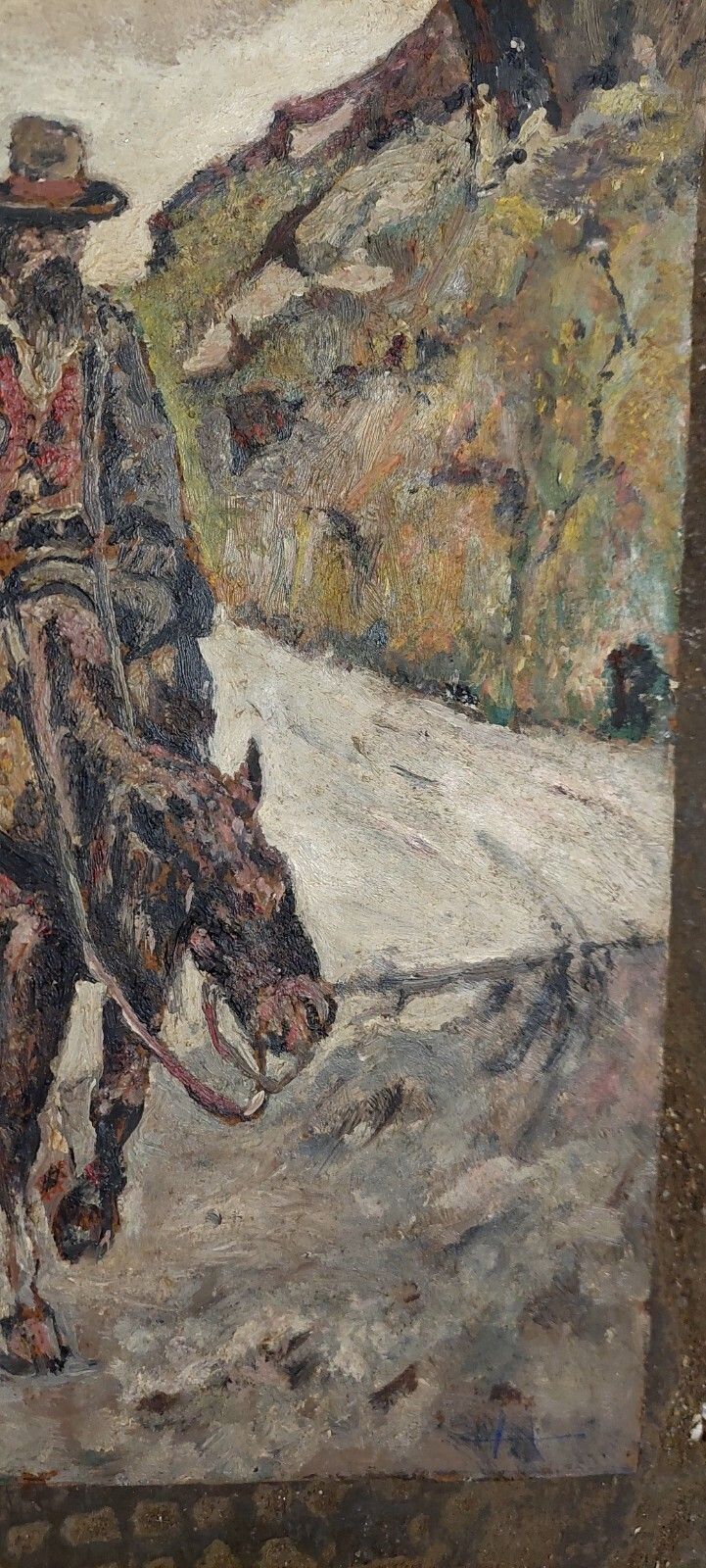 100.0 Antique Oil Painting On Hardboard Man On Horseback Post Macchiaioli Painting photo