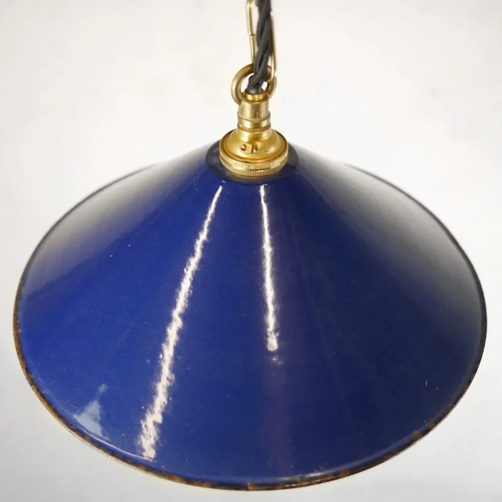 Vintage Blue Enamel Metal Coolie Light Shades Brass Gallery Pendant #103148 photo vintage