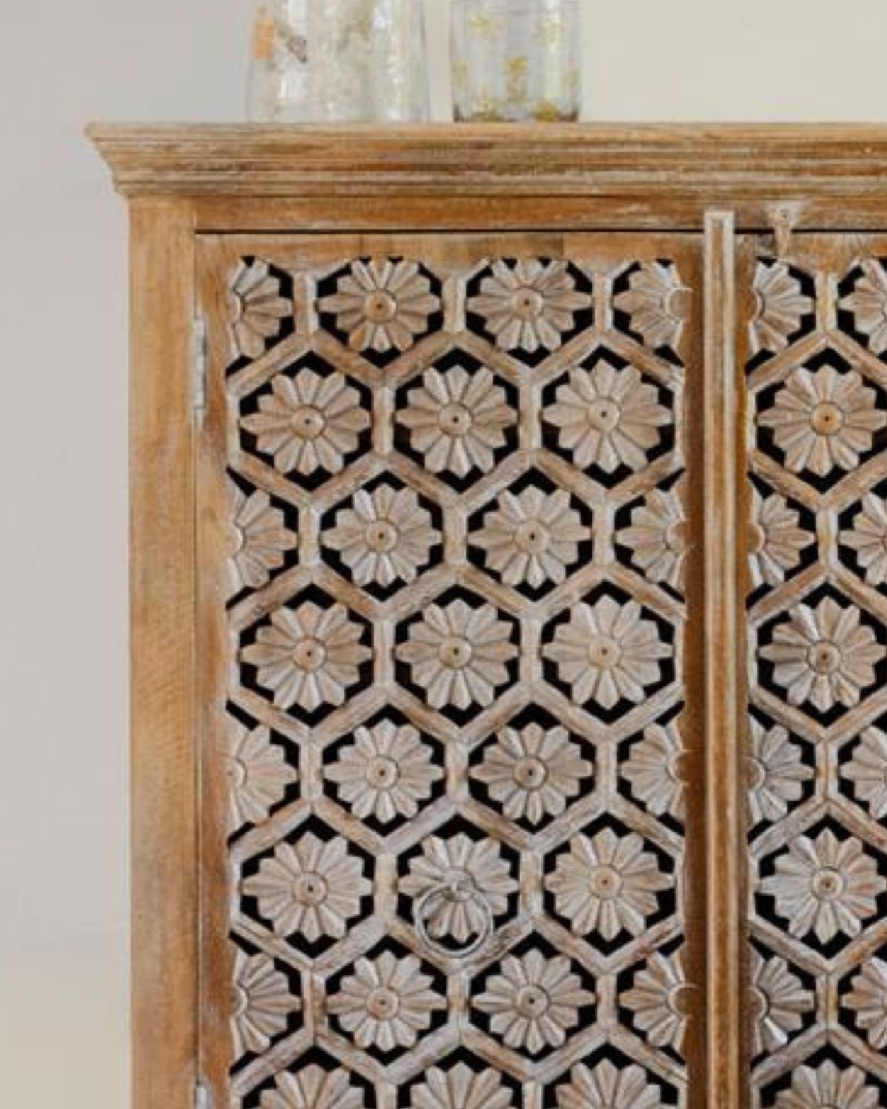 Hand Carved Mango Wood Armoire – Petal Motif With Internal Shelving photo furniture