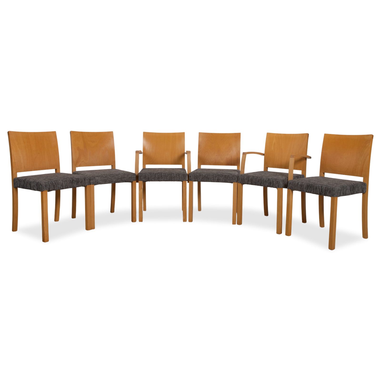 Lot de 6 chaises Thonet, tissu et bois, gris et brun avec accoudoirs