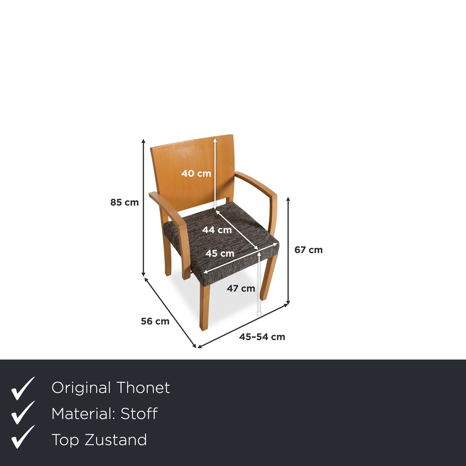 Set Of 6 Thonet Chairs, Fabric And Wood, Grey And Brown With Armrests photo furniture