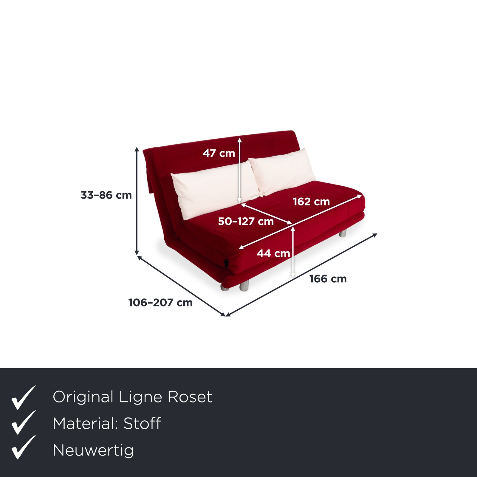 Canapé Ligne Roset Multy 3 places en tissu rouge, fonction couchage manuel, structure argentée, retapissé photo furniture