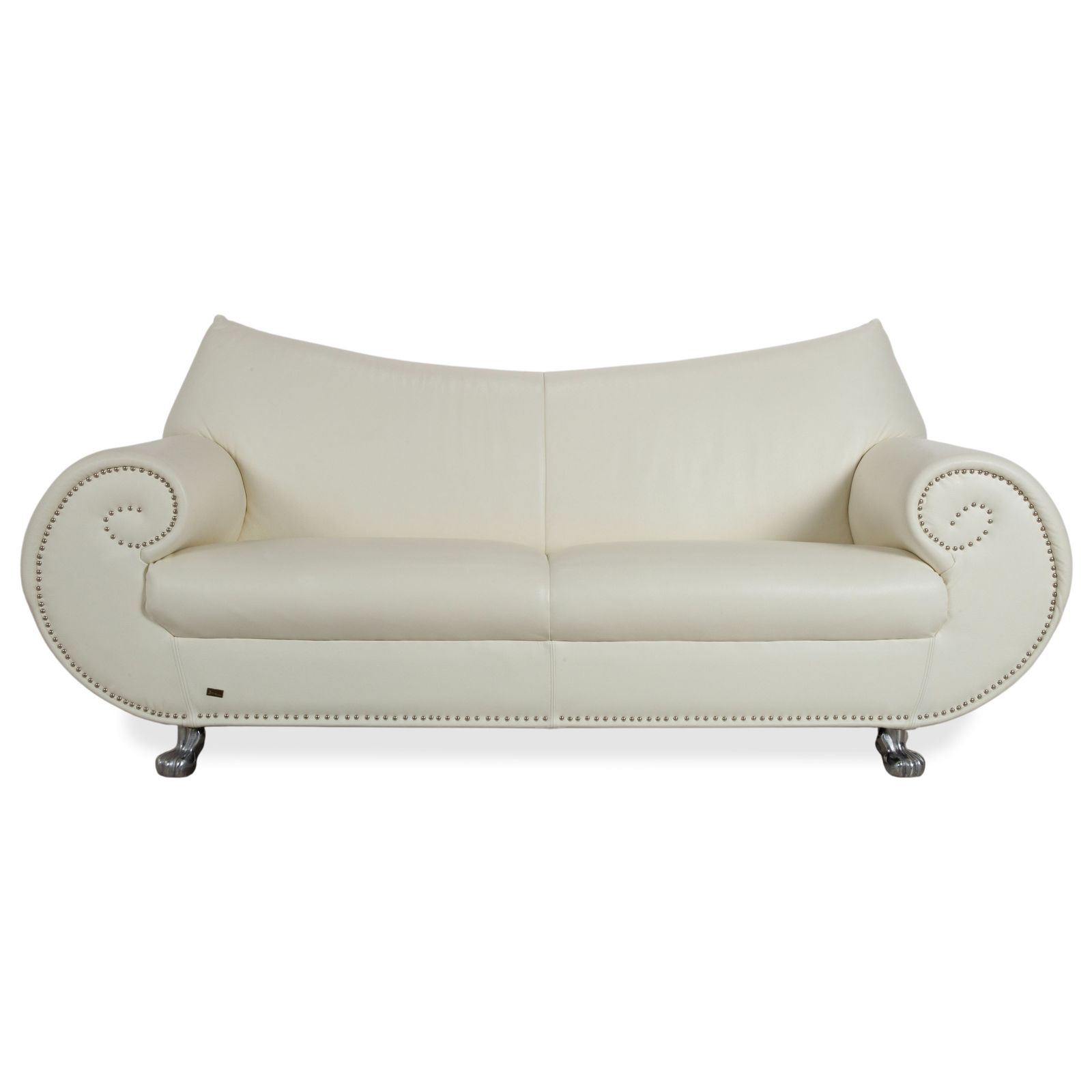 Bretz Gaudi Leather Three Seater Sofa White Cream Beige Silver Lion's Paw Feet Rivets