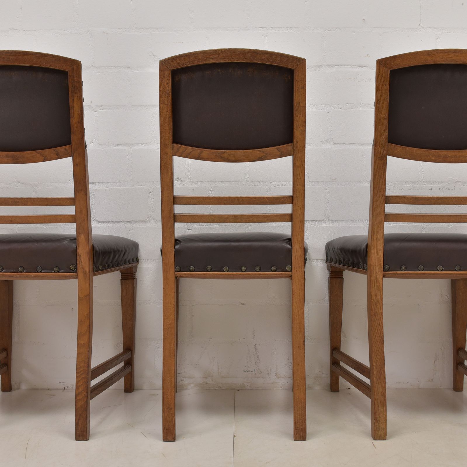 Antique! Set Of 5 Restored Art Nouveau Chairs, Solid Oak, Dining Room, Faux Leather photo vintage